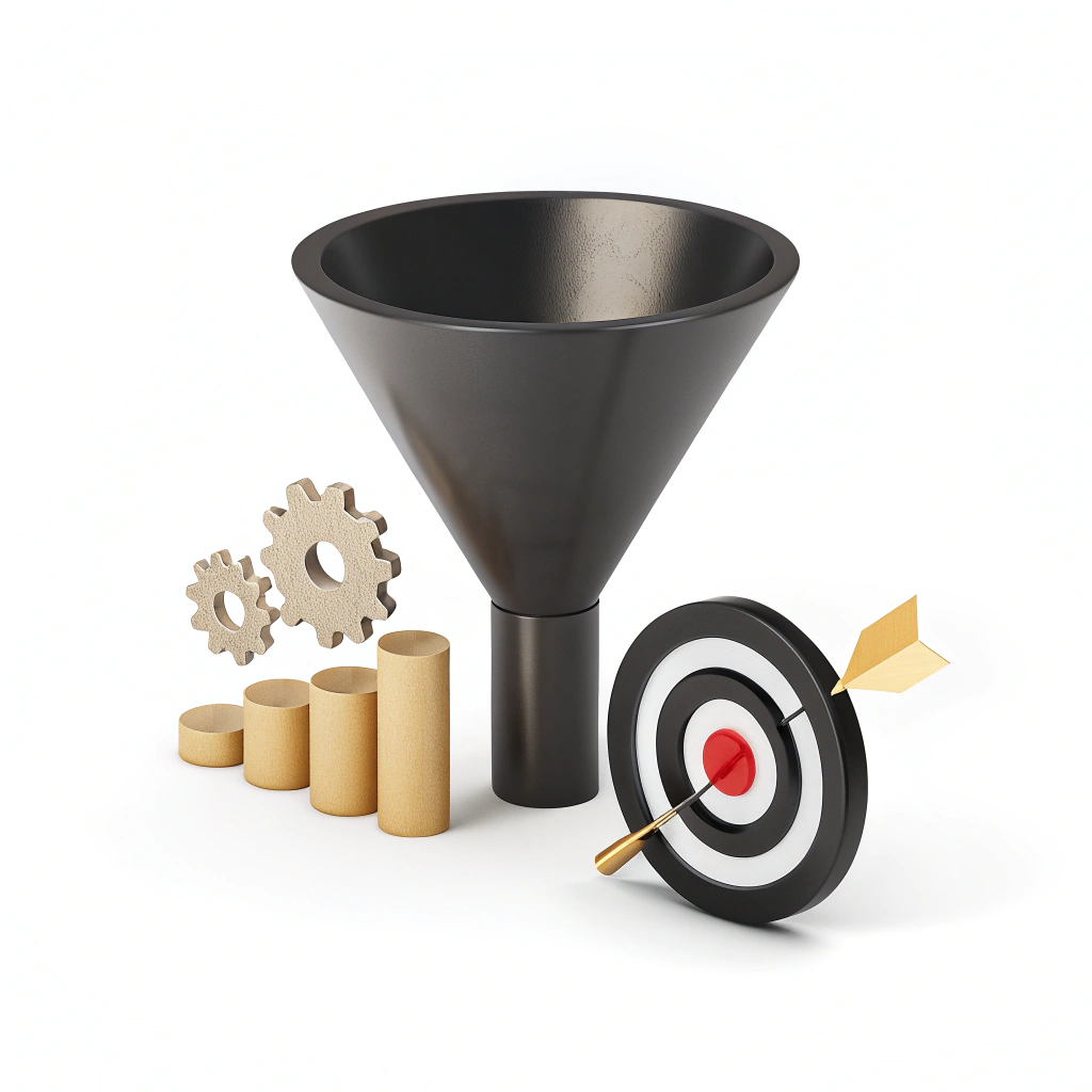 The illustration, which includes 3D elements in the form of a funnel, a target, and a growing graph, demonstrates the process of optimizing the conversion rate.