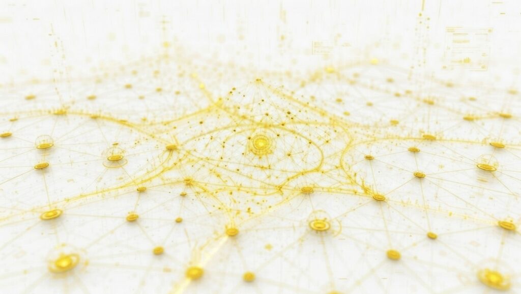 The digital web of internet marketing, with a predominance of yellow and white shades in the illustration.